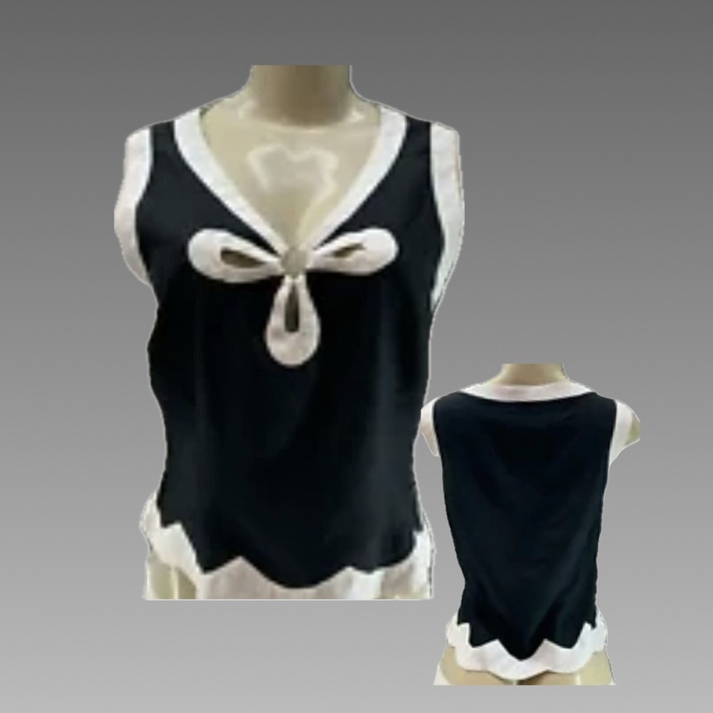 ICE M Black White Linen Blend Scalloped Hem Bow Cutout Tank Top V-Neck Cropped